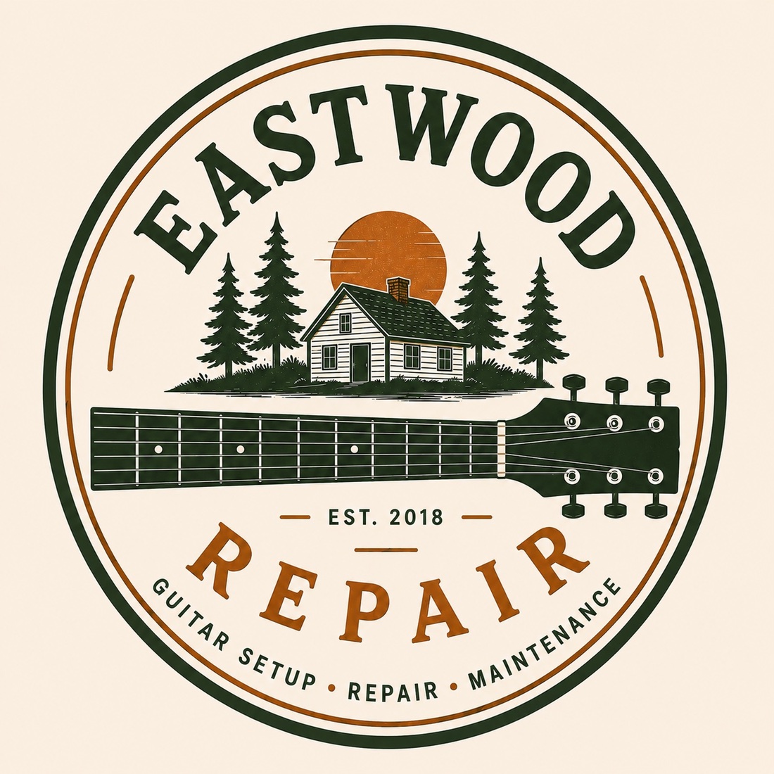 Eastwood Repair badge — cabin in the pines above a guitar neck